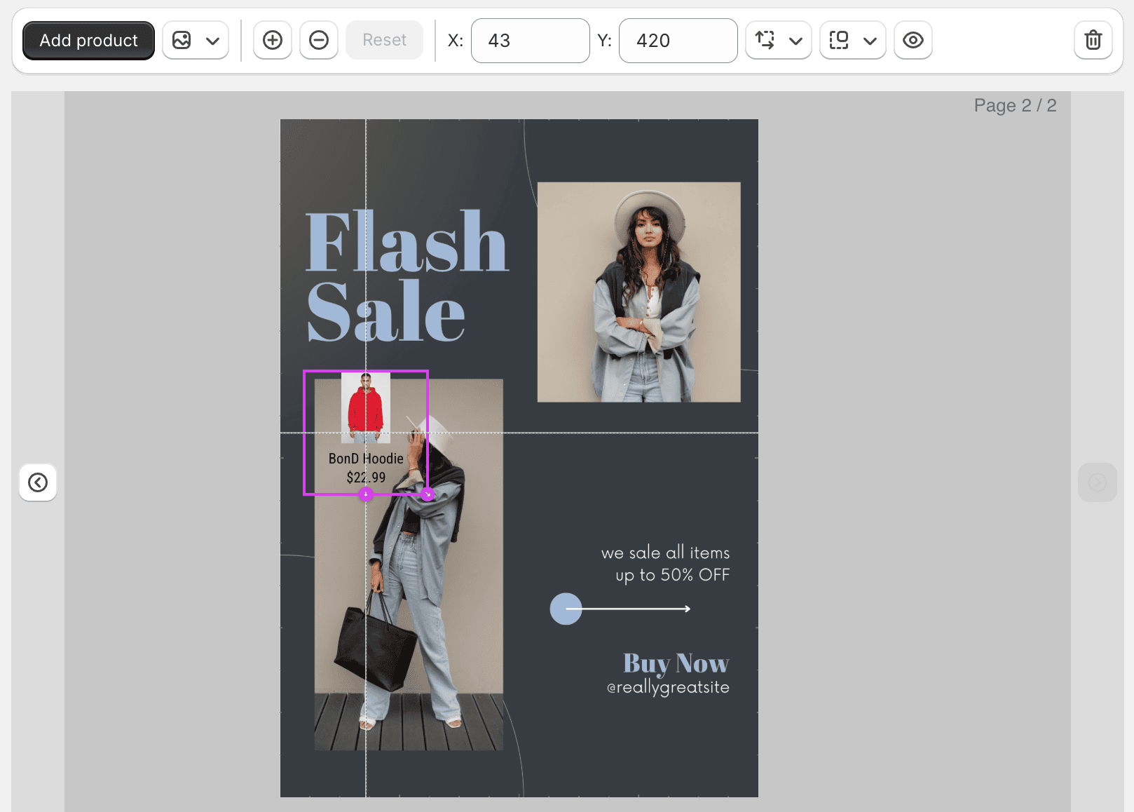 A store product attached to a spot on an imported PDF page, showing its photo and price