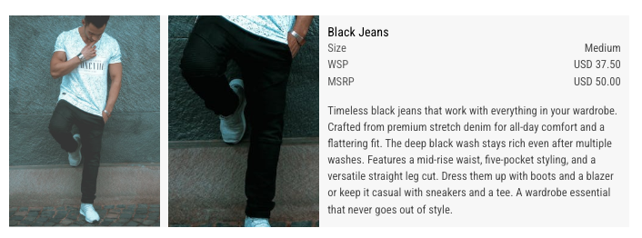 B2B catalog showing product images and detailed information including prices, title, and description