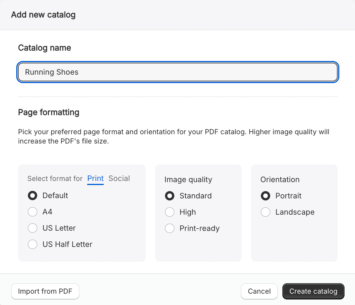 New catalog screen in Catalogly with the Import from PDF option