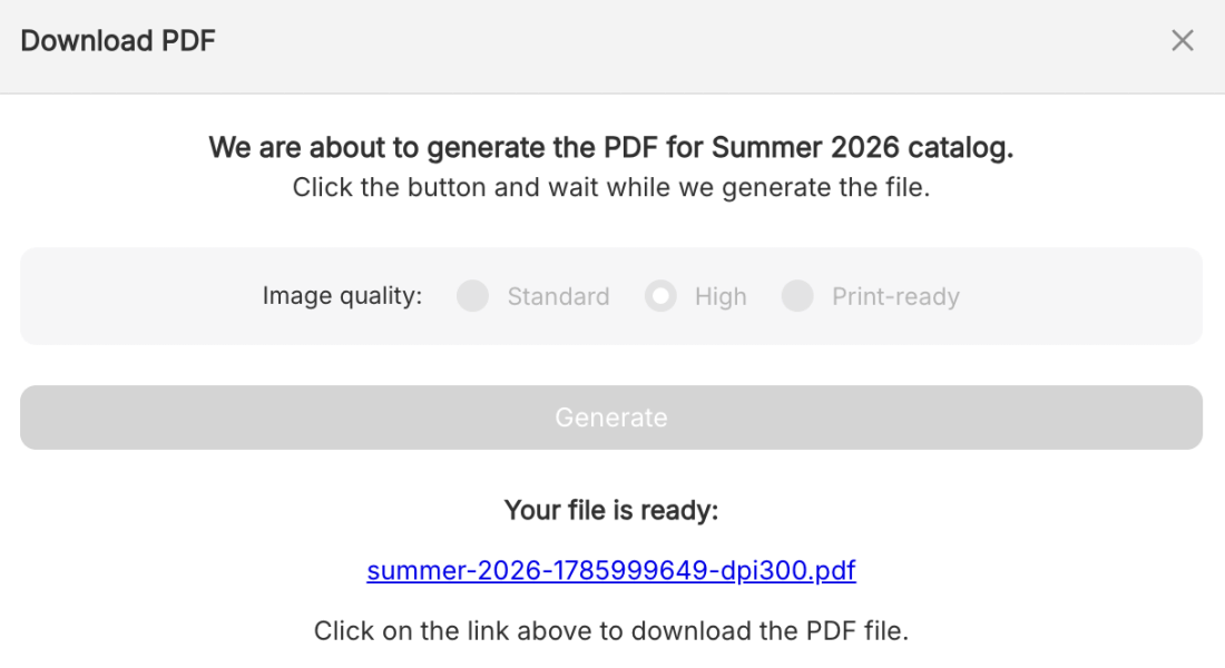 Download PDF dialog showing a generated PDF file and its download link