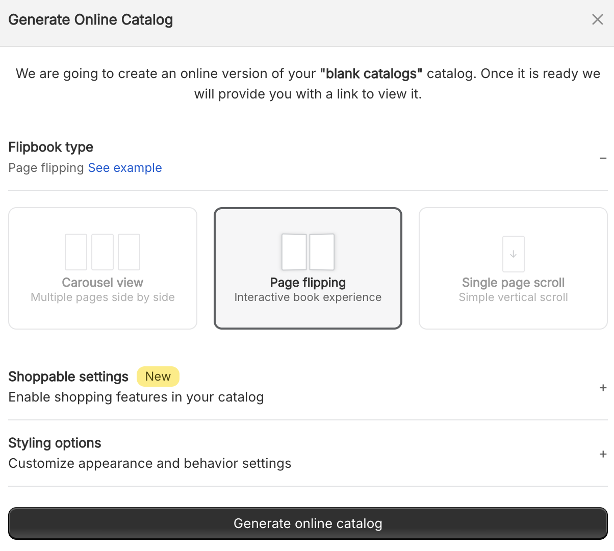 Generate Online Catalog modal showing flipbook settings