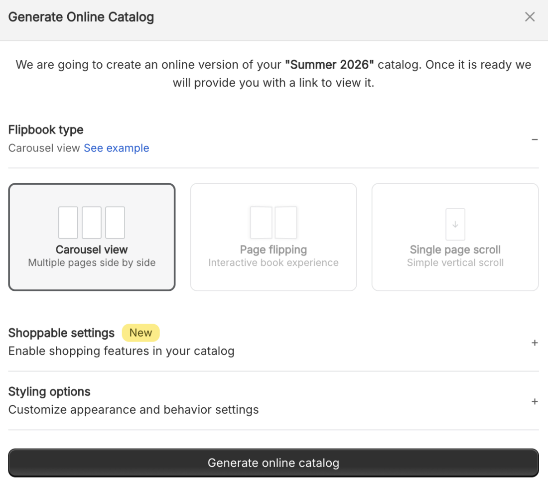 Generate Online Catalog dialog showing flipbook, shopping, and styling options