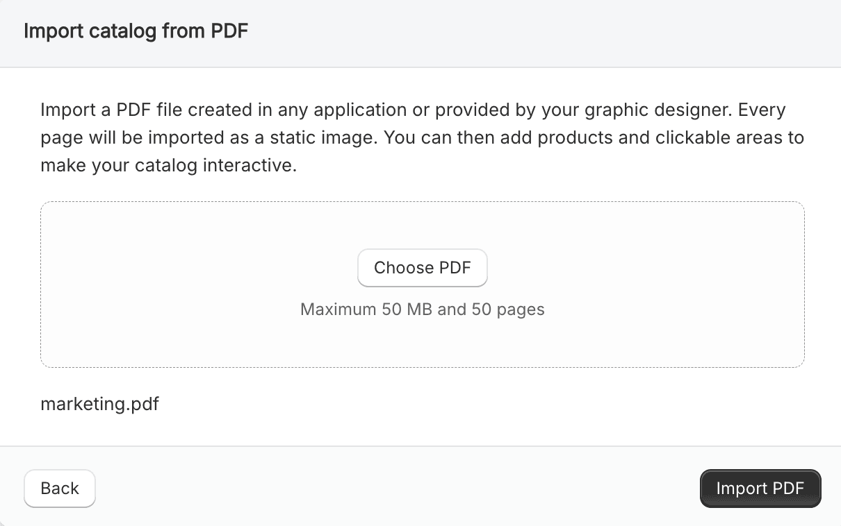 Import catalog from PDF modal in Catalogly, with a file selected and ready to import