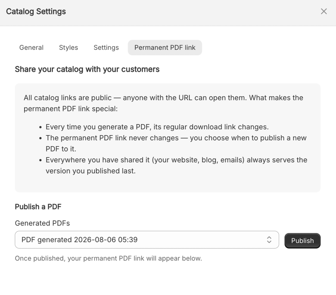 Permanent PDF link tab showing the generated PDF selector and Publish button