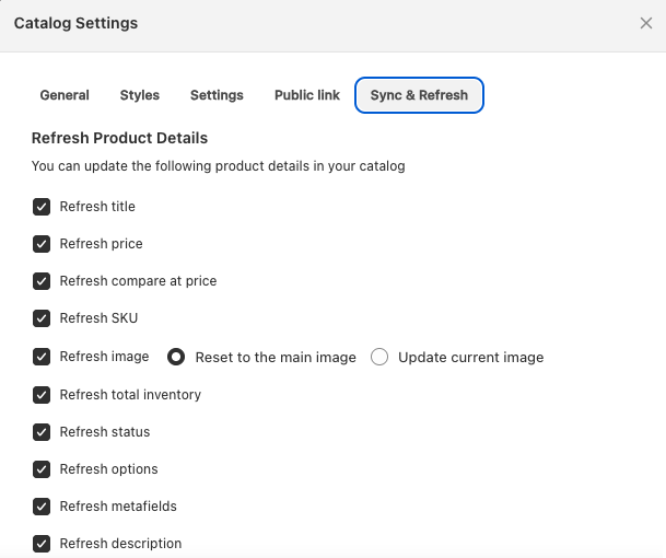 Sync & Refresh tab showing collection sync and product detail refresh options